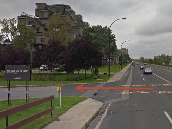 By bike or by car, this is the service road you need to turn onto from Pierre-Dupuy Ave. to access the park.